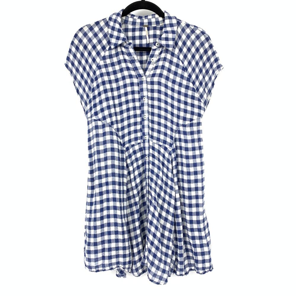 Free People New Spring Love Gingham Plaid Tunic Top Womens Sz M Blue White *FLAW